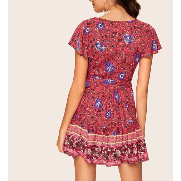 Red Floral Side Tie Wrap Fit & Flare Mini Dress - Picture 2 of 7